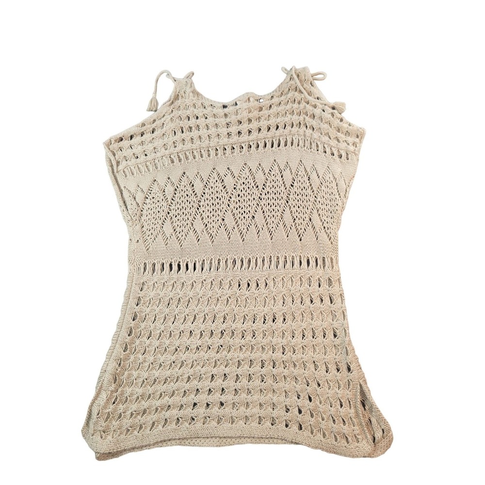Chico's Open Knit Sweater Sz 1 Cold Shoulder Tassel Boho Hipster Summer Top Boho - Picture 2 of 8